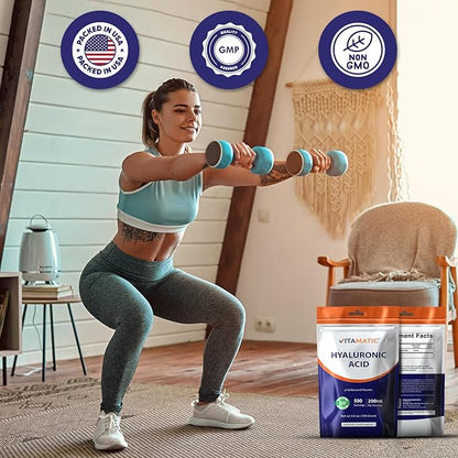 Vitamatic Hyaluronic Acid Powder 200mg - Supports Healthy Connective Tissue and Joints - Promote Youthful Healthy Skin - 100 Gram