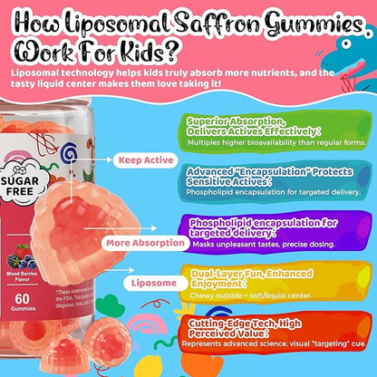Q'ankyaq Kids Saffron Gummies, Saffron Supplements for Kids (3 yrs+), Focus and Memory Gummiess, Mood Balance with Rosemary, Passion Flower Extract, Chamomile Extract, Sugar-Free, Vegan, 60 Counts