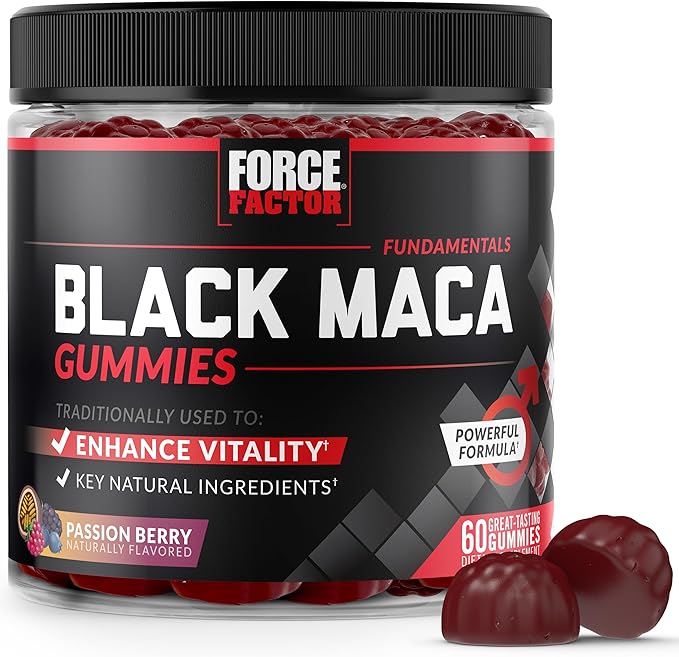 Force Factor Black Maca Gummies for Men & Women, Boost Energy, Strength, Drive & Vitality, BioPerine & Selenium for Superior Absorption, Peruvian Black Maca Root Extract, Passion Berry, 60 Gummies
