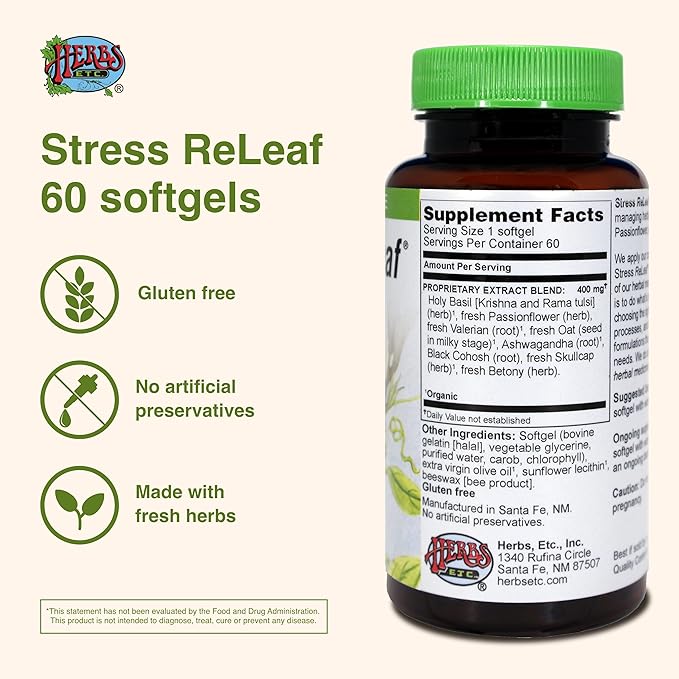 Herbs Etc. Stress ReLeaf - Herbal Supplement to Support Relaxation - Stress Support Supplemment - Gluten-Free - 60 Softgels (60 Servings)