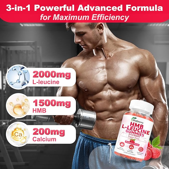 2 Pack HMB and Leucine Gummies, HMB & Leucine Amino Acid for Muscle Growth, Muscle Relief, HMB Supplements for Men & Women, Vegan, Non-GMO, Raspberry Flavor, 120 Count