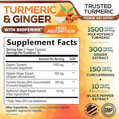 Turmeric Curcumin Supplement - 95% Curcuminoids with Organic Turmeric & Ginger, BioPerine Black Pepper Extract for Best Absorption, Natural Vegan Joint Support, Non-GMO, Bottled in USA - 240 Capsules