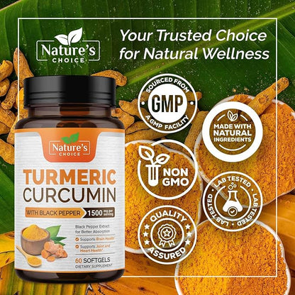 Turmeric Curcumin Supplement Complex - BioPerine Black Pepper Extract Advanced Absorption Curcuminoids for Nature's Joint Support - Antioxidant Herbal Supplement for Women & Men, Non-GMO - 60 Softgels