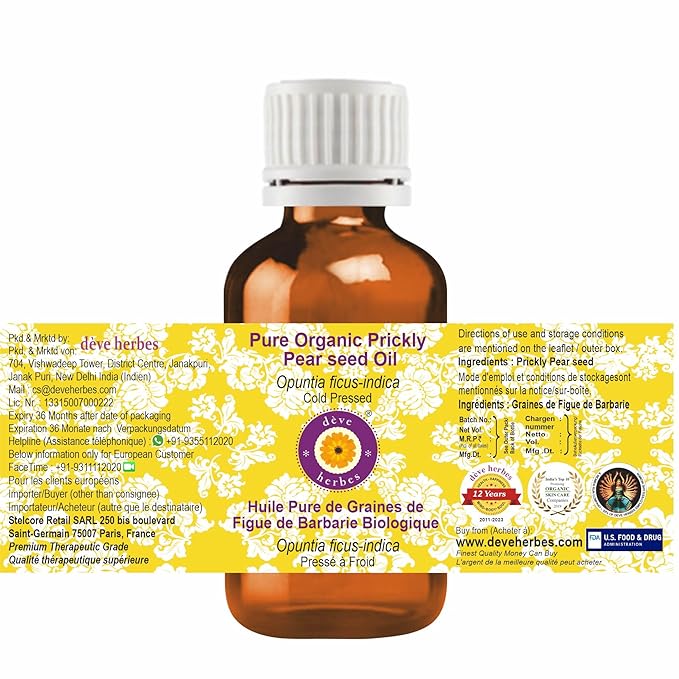 Deve Herbes Pure Organic Prickly Pear Seed Oil (Opuntia ficus-Indica) Cold Pressed 50ml (1.69 oz)