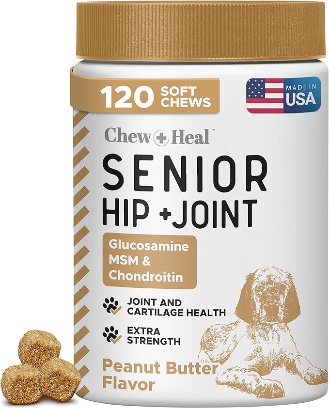 Glucosamine for Dogs Hip and Joint Supplement - 120 Soft Chews for Senior Dogs with Glucosamine, Chondroitin, MSM, and Omegas - For Mobility, Cartilage, and Joint Health - Peanut Butter Flavor