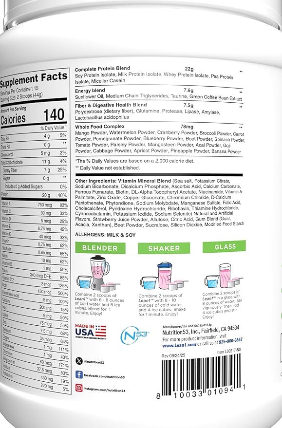 Lean1 Meal Replacement Protein Shake, Strawberry Flavor, 15 Serving Tub