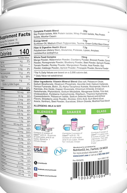 Lean1 Meal Replacement Protein Shake, Strawberry Flavor, 15 Serving Tub