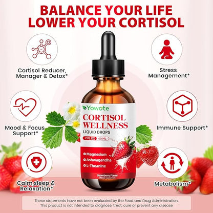 Cortisol Support Supplements for Men and Women, Cortisol Detox Hormone Balance with Magnesium, Ashwagandha, L-theanine, Phosphatidylserine for Lower Cortisol, Calm, Mood Support (60ML, strawberry)