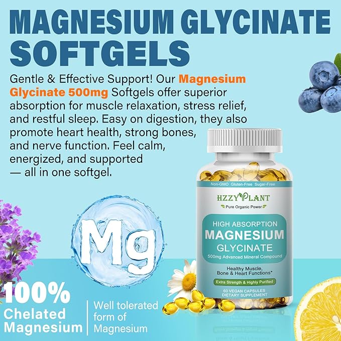 Magnesium Glycinate 500mg Softgels, High Absorption Magnesium Supplement Softgel Capsules for Muscle, Heart, Sleep & Bone Support, Stress Relief, Nerve Health & Metabolism, Non-GMO, 2 Month Supply