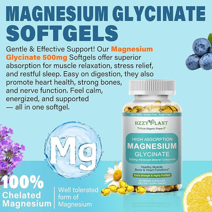 Magnesium Glycinate 500mg Softgels, High Absorption Magnesium Supplement Softgel Capsules for Muscle, Heart, Sleep & Bone Support, Stress Relief, Nerve Health & Metabolism, Non-GMO, 2 Month Supply