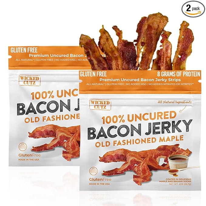 Old Fashioned Maple Bacon Jerky, Candied Jerky with 16g Protein Per Bag, Tender & Easy to Chew Fully Cooked Bacon, USA Made High Protein Carnivore Snacks (2 Bags)