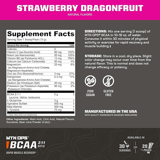 MTN OPS BCAA Powder 2:1:1 Amino Acids Supplement Powder for Rapid Muscle Recovery & Repair with Zero Sugar & Gluten Free - 30 Servings, Strawberry Dragonfruit