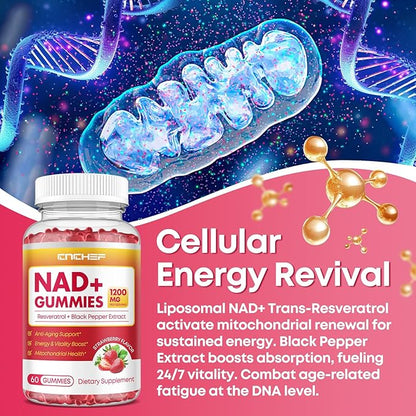 NAD+ Gummies, 1200mg Liposomal NAD Supplement for Women & Men with Trans-Resveratrol & Black Pepper Extract Anti-Aging Supplement, Brain & Cellular Mitochondrial Health - 60 Gummies Strawberry