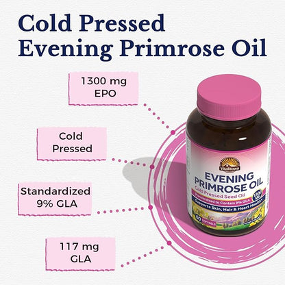 Vitalitown Evening Primrose Oil 1300mg, Cold-Pressed Seed Oil, Standardized 9% GLA (Gamma-Linolenic Acid), Healthy Skin & Hormonal Balance for Women, Non GMO, 60 Softgels