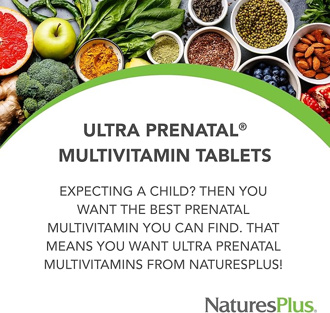 NaturesPlus Ultra Prenatal Multivitamin - 800 mcg Folate, 180 Vegetarian Tablets - Prenatal Supplement with Iron, Iodine, Calcium & B-Complex Vitamins - Gluten-Free - 90 Servings
