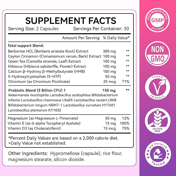 Grevol GLP-1 Support Supplement for Women : Berberine Supplement with Ceylon Cinnamon & Akkermansia for Weight Management - Appetite Suppressant & Metabolism Support – 60 Capsules