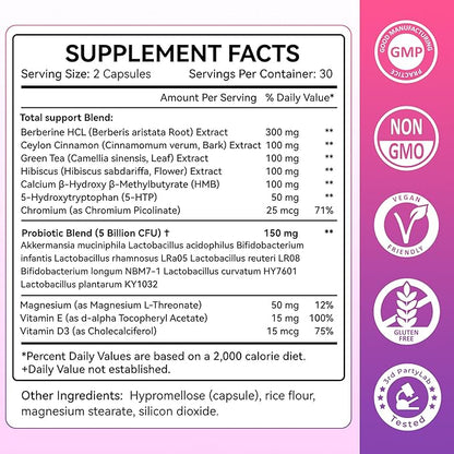 Grevol GLP-1 Support Supplement for Women : Berberine Supplement with Ceylon Cinnamon & Akkermansia for Weight Management - Appetite Suppressant & Metabolism Support – 60 Capsules