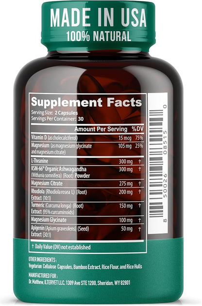 Cortisol Reducer & Adrenal Support Supplement–Natural Stress Relief with Ashwagandha KSM-66, Magnesium Glycinate & Citrate, L-Theanine, Rhodiola, Apigenin, Turmeric & Vitamin D3–Calm Mood & Relaxation