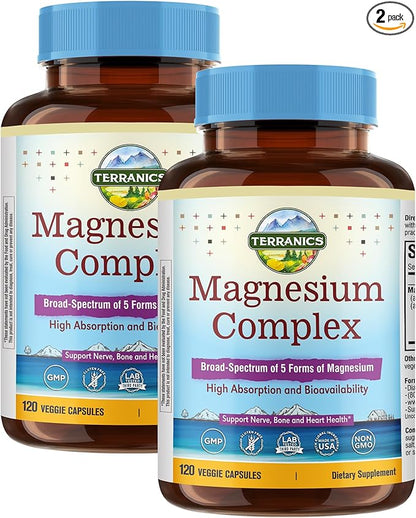 Terranics 5-in-1 Magnesium Complex Supplement 500mg - 5 Forms High Absorption Magnesium Glycinate Citrate Malate Aspartate Gluconate for Sleep Heart Health - Non-GMO 240 Vegan Capsules