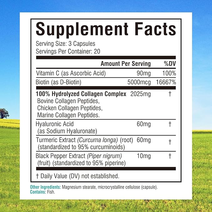 Innate Vitality Multi Collagen Peptides, Type I, II, III, Vitamin C, Biotin, Hyaluronic Acid & Turmeric, 2025mg Hydrolyzed Collagen for Women & Men, Skin, Hair & Nail Support, 60 Capsules