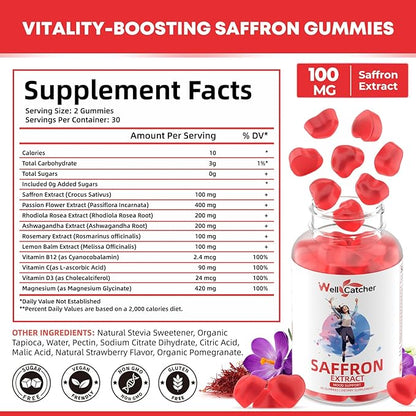 Saffron Gummies for Adults Kids - Organic Saffron Extract Supplement for Men Women Sugar Free for Mood Balance Support Better Sleep Metabolism with Vitamins Non GMO Strawberry Flavored 60 Days Supply