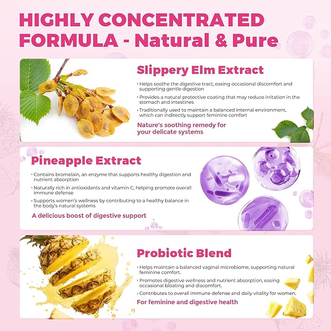Probiotics for Women,Vaginal Probiotics Gummies for Digestive Health Feminine PH Balance,Gut Health Supplements with Slippery Elm & Prebiotics-60 Count
