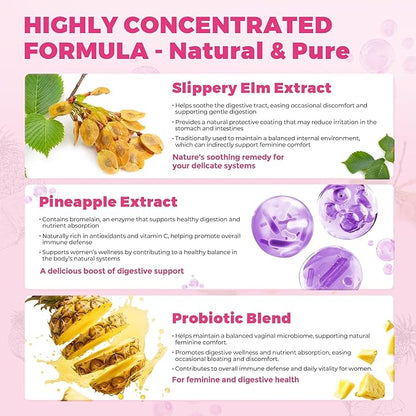 Probiotics for Women,Vaginal Probiotics Gummies for Digestive Health Feminine PH Balance,Gut Health Supplements with Slippery Elm & Prebiotics-60 Count