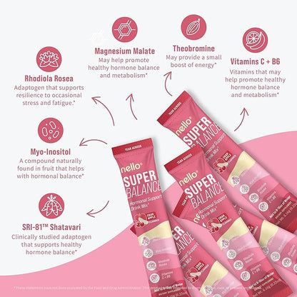 Nello Superbalance Hormonal Support Drink Mix, SRI-81 Shatavari, Myo-Inositol, Rhodiola Rosea, Vitamin C, Magnesium, Theobromine, Cran Apple (Pack of 20)