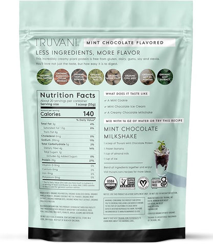 Truvani Vegan Pea Protein Powder | Mint Chocolate | 20g Organic Plant Based Protein Per Serving | 20 Servings | Keto | Gluten & Dairy Free | Low Carb | No Added Sugar