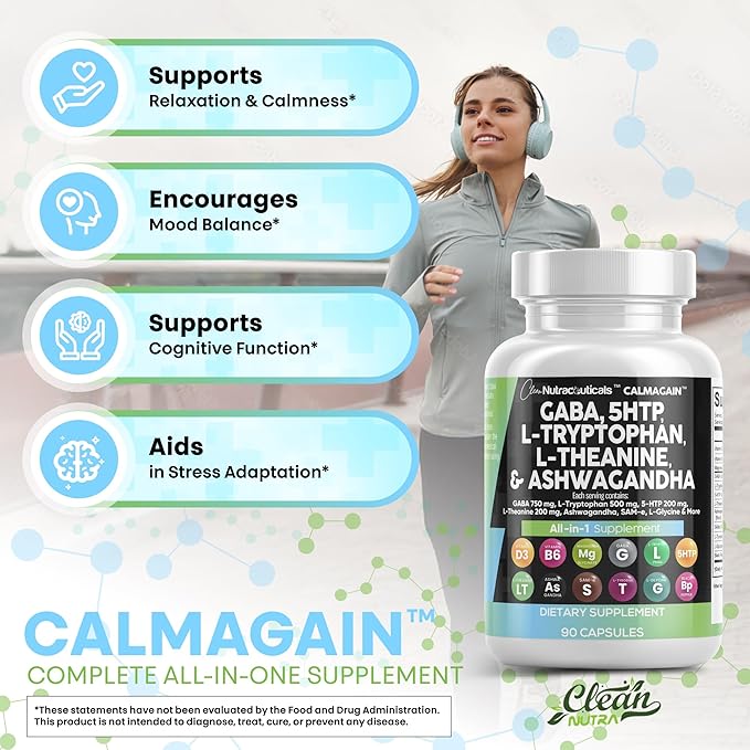 Clean Nutraceuticals GABA 750mg 5 HTP 200mg L Tryptophan 500mg L Theanine 200mg Ashwagandha SAM-e L-Glycine - Mood Support Vitamins for Women and Men with L-Tyrosine (90 Count (Pack of 3))