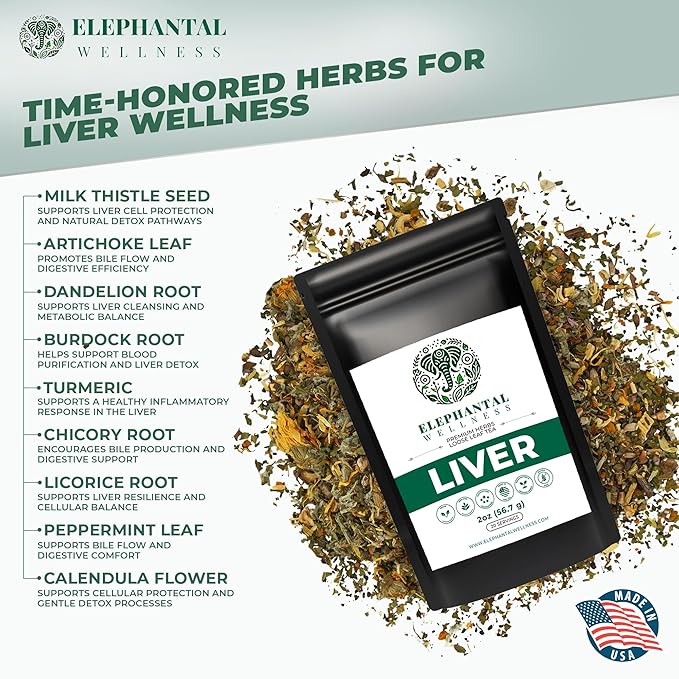 Elephantal Wellness Liver Herbal Tea – Supports Liver Detox, Repair & Resilience | Milk Thistle, Artichoke Leaf, Dandelion Root & Burdock | Caffeine-Free Loose Leaf Herbal Tea – 2oz, 20 Servings