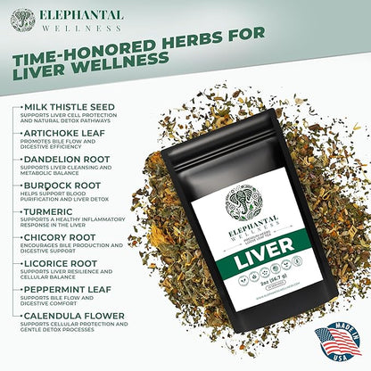 Elephantal Wellness Liver Herbal Tea – Supports Liver Detox, Repair & Resilience | Milk Thistle, Artichoke Leaf, Dandelion Root & Burdock | Caffeine-Free Loose Leaf Herbal Tea – 2oz, 20 Servings
