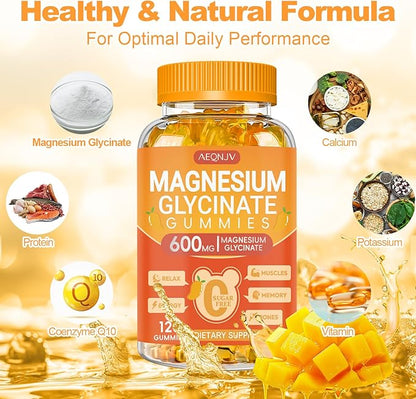 Magnesium Glycinate Gummies 600mg, Chewable Sugar Free Potassium Gummies with Magnesium Glycinate, Vitamin D, B6 and CoQ10 for Stress Relief, Body Support & Muscle, 2 Pack