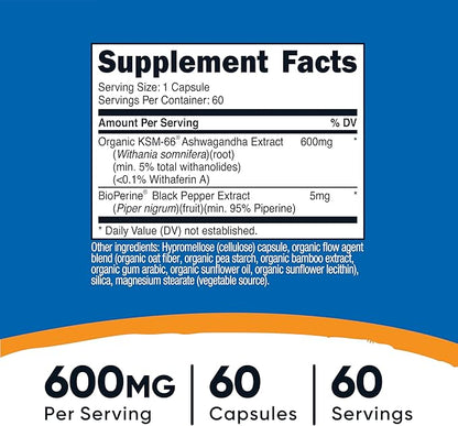 Nutricost KSM-66 Ashwagandha Root Extract 600mg, 60 Veggie Caps - 5% Withanolides - with BioPerine - Full-Spectrum Root Extract