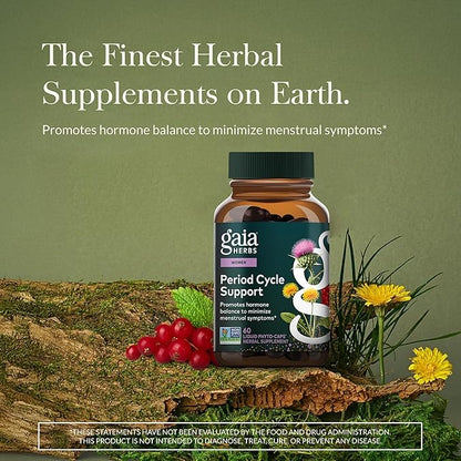 Gaia Herbs Period Cycle Support - Supports Hormone Balance & PMS Relief* - Herbal Supplement with Vitex Berry & Schisandra - Free from Gluten, Dairy & Soy - 60 Vegan Liquid Phyto-Caps (30 Servings)