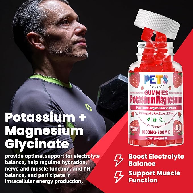 Potassium Magnesium Gummies - High Absorption Magnesium Glycinate & Potassium Citrate Plus Omega 3, B6, D3, K2 & Calcium - Chewable Gummy for Leg Cramps, Immunity & Energy Strawberry 120 Gummies