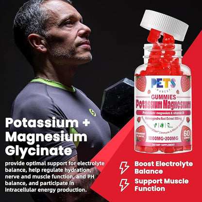 Potassium Magnesium Gummies - High Absorption Magnesium Glycinate & Potassium Citrate Plus Omega 3, B6, D3, K2 & Calcium - Chewable Gummy for Leg Cramps, Immunity & Energy Strawberry 120 Gummies