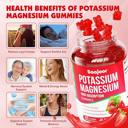 Potassium Magnesium Gummies,High Absorption Magnesium Glycinate,D3 & B6,Potassium Citrate - for Muscle Support, Leg Cramps & Electrolyte Balance - Vegan, Non-GMO, Strawberry Flavor, 120 Count