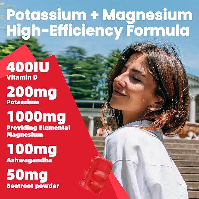 Potassium Magnesium Gummies - High Absorption Magnesium Glycinate & Potassium Citrate Plus Omega 3, B6, D3, K2 & Calcium - Chewable Gummy for Leg Cramps, Immunity & Energy Strawberry 120 Gummies