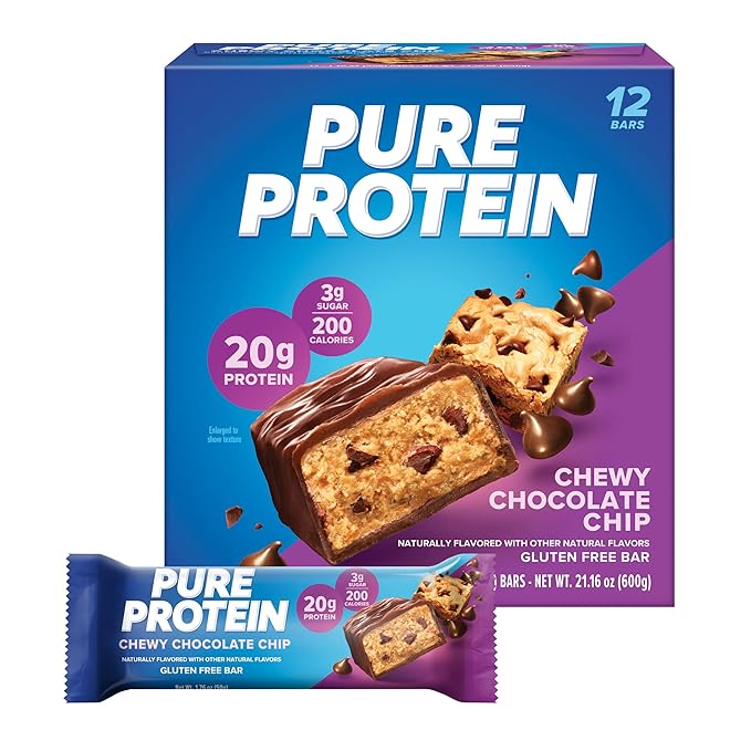 Pure Protein Chewy Chocolate Chip Protein Bars – 20g Protein, 3g Sugar, 190 Calories (12 count) Low Sugar* High Protein Snack - Gluten Free - Perfect for a Healthy Snack