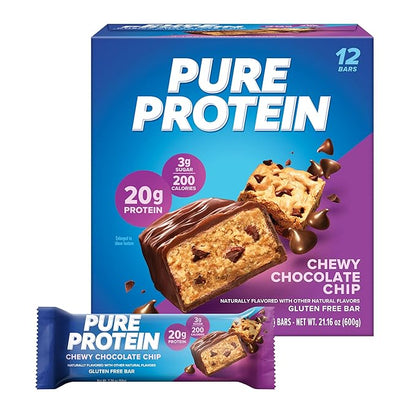 Pure Protein Chewy Chocolate Chip Protein Bars – 20g Protein, 3g Sugar, 190 Calories (12 count) Low Sugar* High Protein Snack - Gluten Free - Perfect for a Healthy Snack