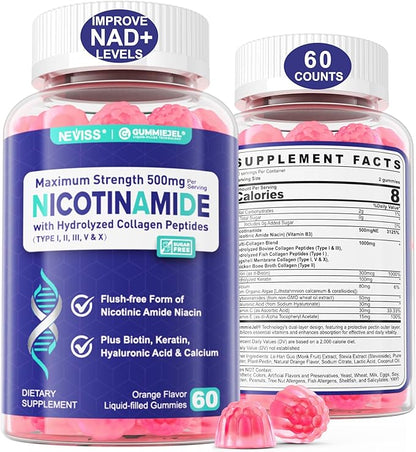 NEVISS Nicotinamide 500mg Gummies, Niacinamide Supplement with Collagen Peptides, (Flush Free Niacin) Vitamin B3 Niacinamide for Anti-Aging, NAD+ Levels, Longevity, Focus & Brain, Sugar Free, 60Cts