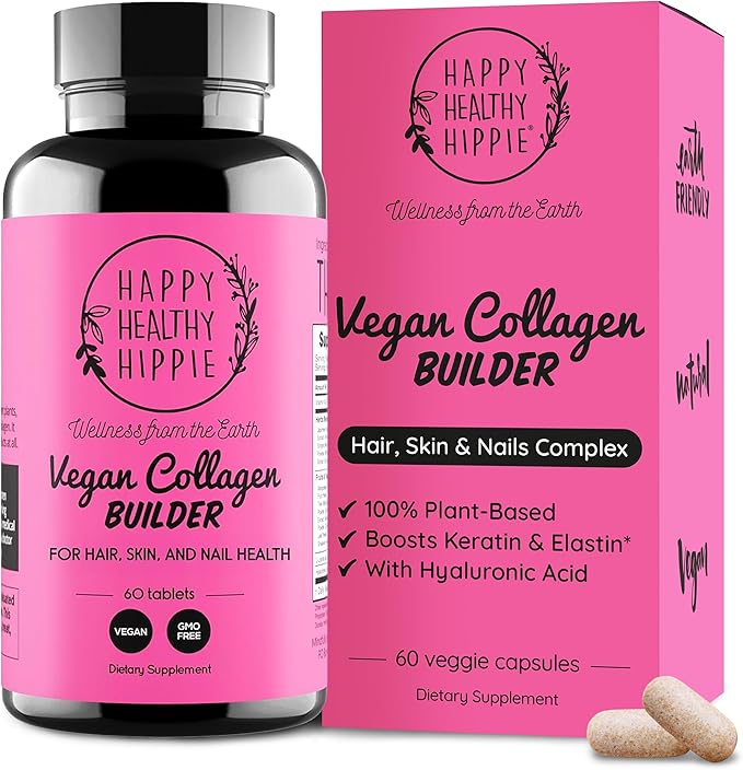 Vegan Collagen Builder w/ Hyaluronic Acid – Hair Skin and Nails Vitamins for Youthful Glow | Keratin & Elastin Booster | Bones, Cartilage, Tendons | Vitamin A, L-Lysine | Vegetarian | Non-GMO, 60 Ct