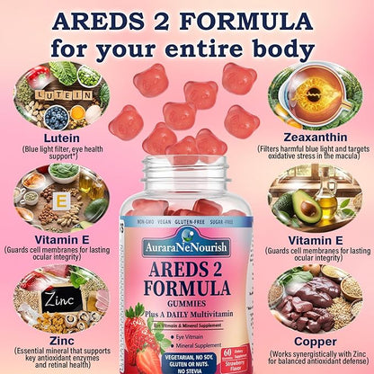 2 Pack AREDS 2 +Advanced Formula for Macular Health,22-in-1 Eye Vitamin & MineralSupplement w. Zeaxanthin, Zinc &Vitamin C, 60 Chewable Gummies