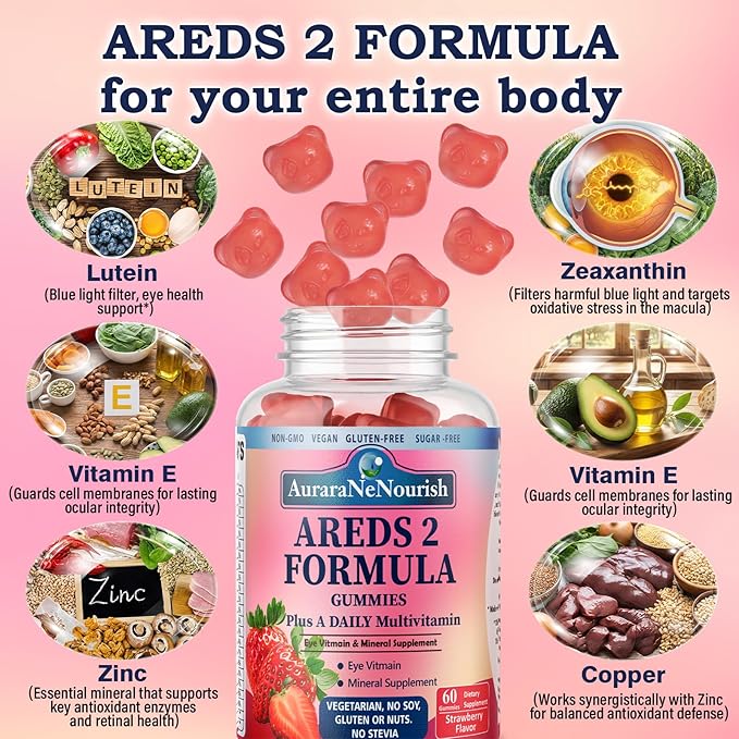 Areds 2 + Advanced Formula for MacularHealth, 22-in-1 Eye Vitamin & MineralSupplement w. Zeaxanthin, Zinc &Vitamin C Supports Eye Strain, Pressure,Night Vision, 60 Chewable Gummies