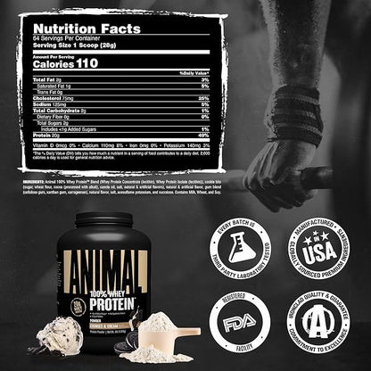 Animal 100% Whey Protein Powder – Whey Blend for Pre Workout or Post Workout, Recovery, Anytime Low Sugar Protein Boost Meal Replacement with BCAA Branched Chain Amino Acids – Cookies & Cream, 4 lb
