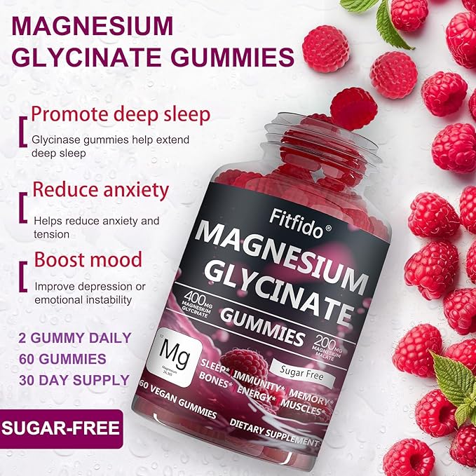 Magnesium Glycinate Gummies 400mg, Chewable Sugar Free Magnesium Supplement with Magnesium Glycinate, Magnesium Malate and Protein for Sleep, Relaxation, Brain & Muscle - Vegan (60 Count, Raspberry)