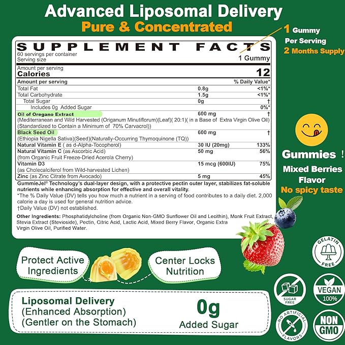 LILICARE Oil of Oregano with Black Seed Oil Filled Gummies, Aceite De Oregano Capsulas Alternative, Carvacrol & Thymoquinone with Vitamin E, C, D3, Zinc, Liposomal Form, Sugar Free, 2 Pack