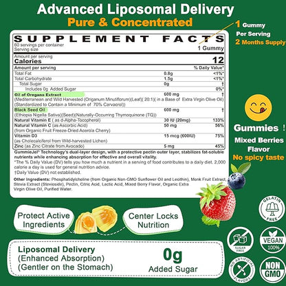 LILICARE Oil of Oregano with Black Seed Oil Filled Gummies, Aceite De Oregano Capsulas Alternative, Carvacrol & Thymoquinone with Vitamin E, C, D3, Zinc, Liposomal Form, Sugar Free, 2 Pack