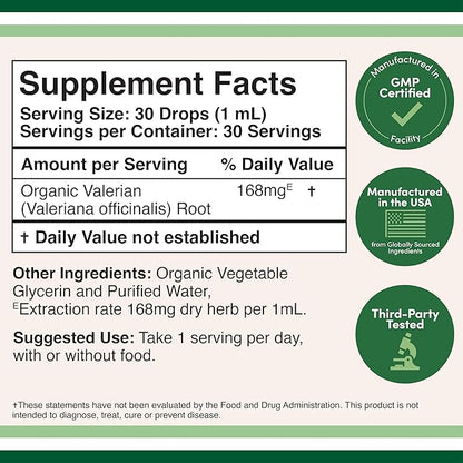 Valerian Root Drops for Sleep - Organic Valerian Root Tincture Extract 168mg - 1 FL OZ, 30 Servings (Better Absorbed Than Capsules, Enhances Valerian Root Tea) for Relaxation and Calm by Double Wood